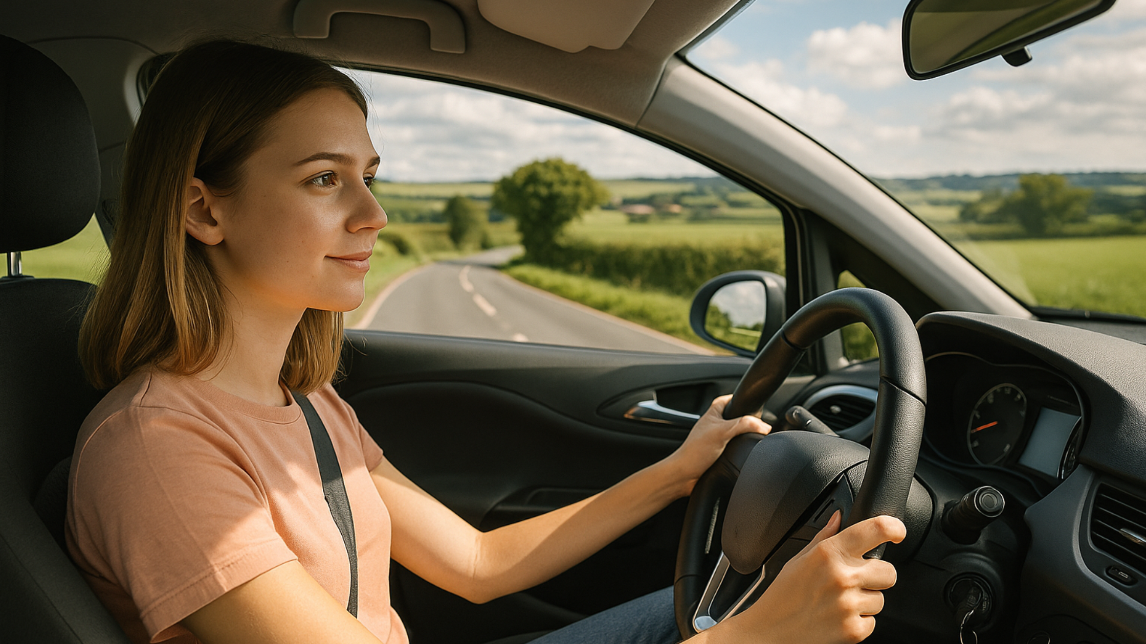 A young British woman confidently drives a modern car along a scenic countryside road in Cornwall, with rolling green hills and hedgerows visible through the windows. The image has a warm, natural light and a professional, high-resolution photographic style.