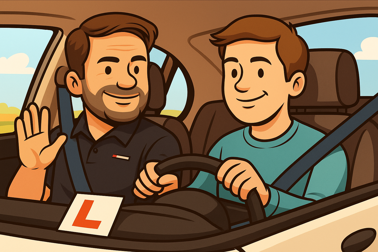 Cartoon image of driving instructor and student in car