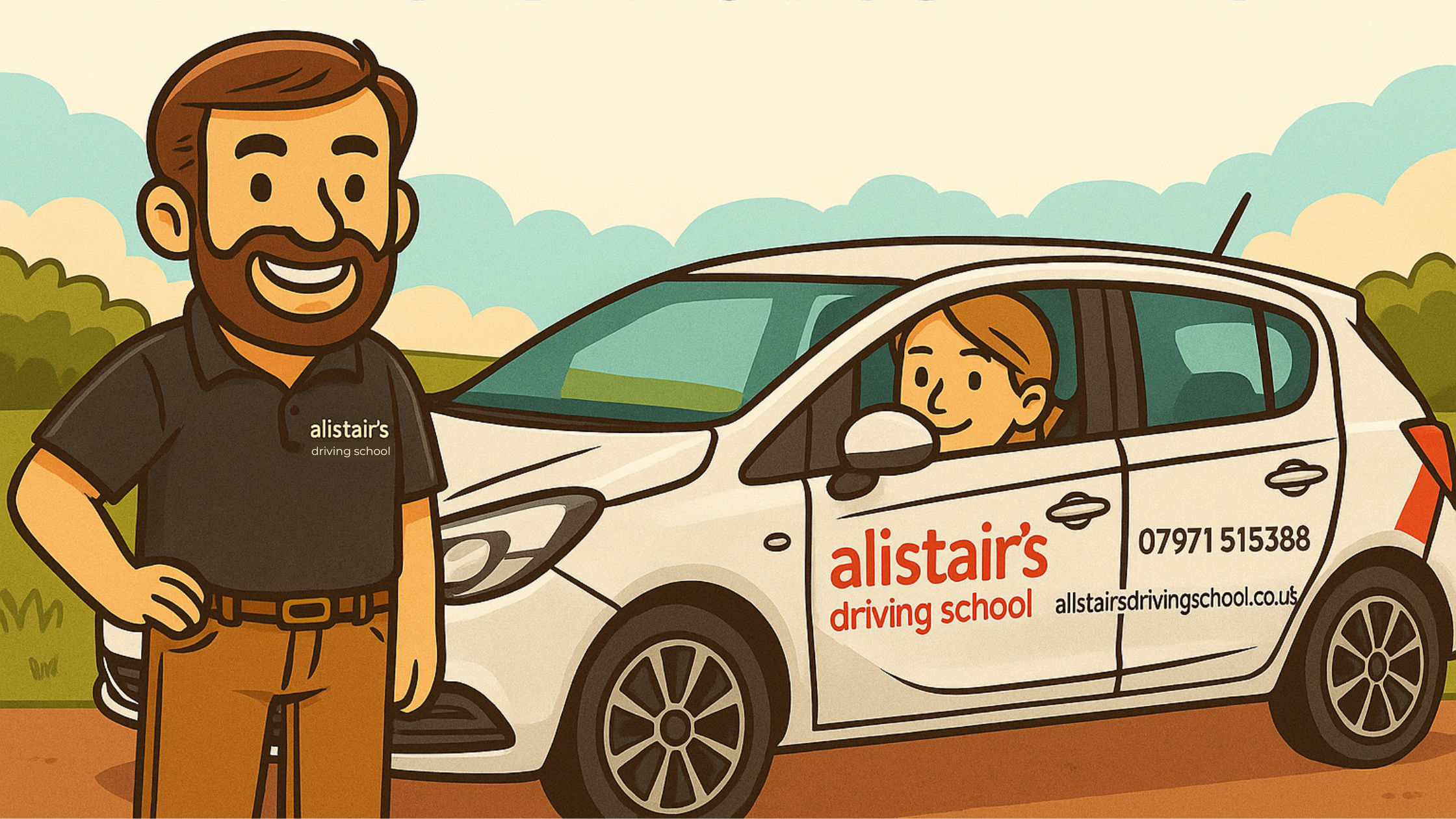 Cartoon-style banner illustration of a driving instructor standing beside a white Vauxhall Corsa with a smiling student inside, set against a countryside background. Branded with Alistair’s Driving School logo.